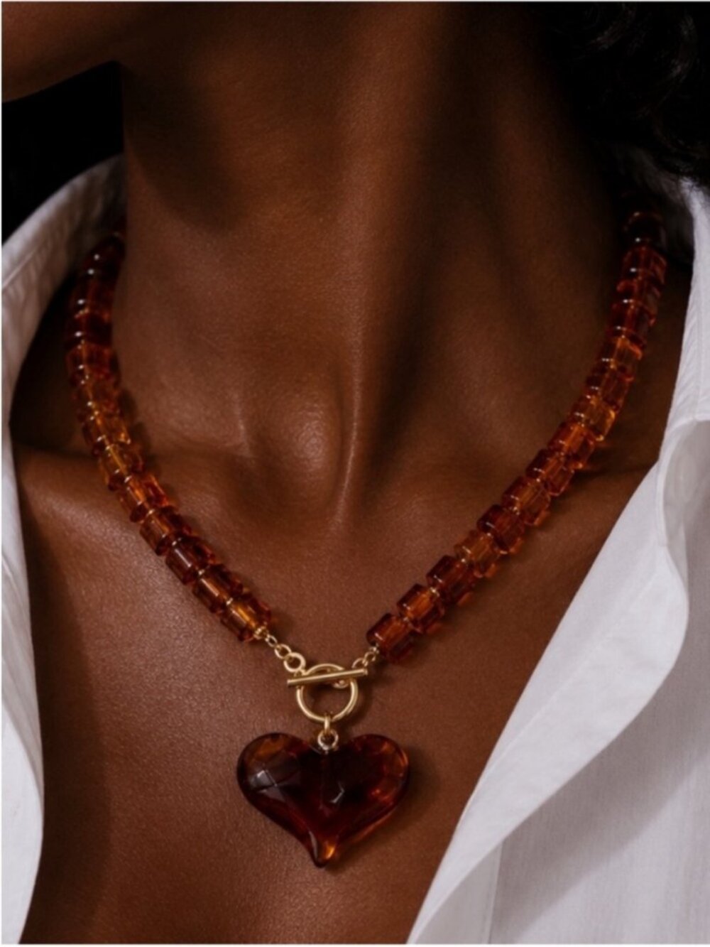 New! Amber Lucite Heart Beaded Necklace (2010) NWOT